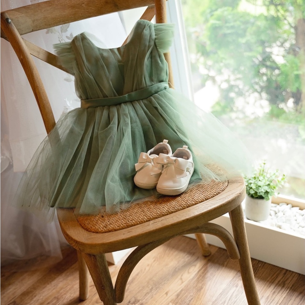 12-18 month Baby Sage Green Tulle Party Dress with Large Bow